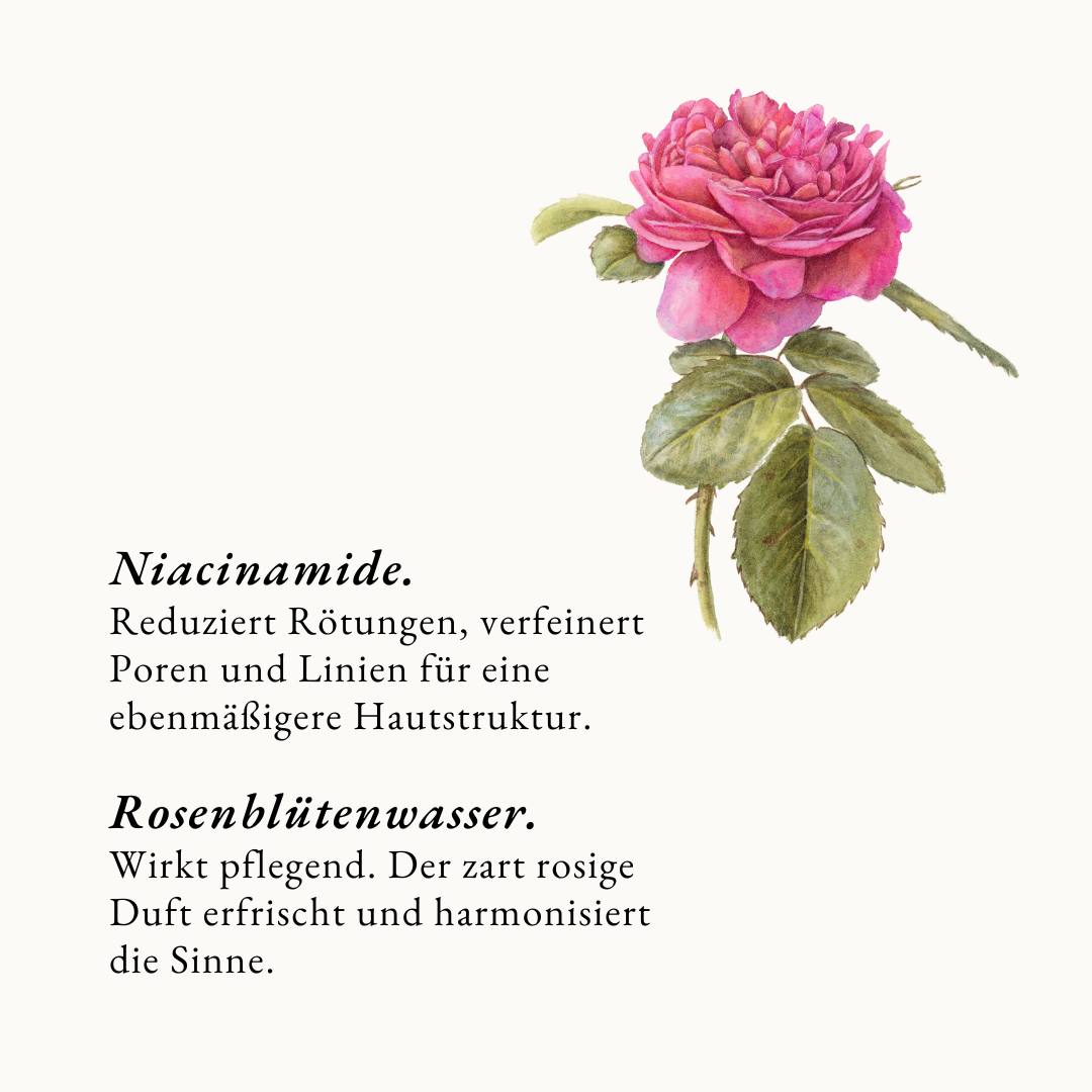 Infografik mit den Kerninhaltsstoffen des Blüten Tonikums von Botanik Atelier.